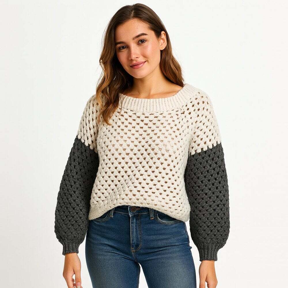 Granny Square Crochet Sweater M Cream Grey Hand Knit Cozycore Cottagecore Boho